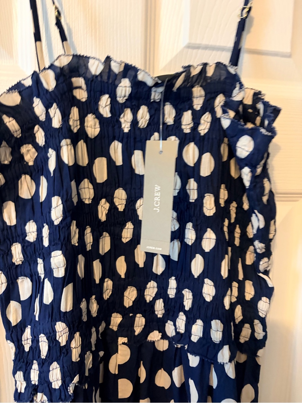 J. Crew Navy and White Polka Dot Smocked maxi dress in cotton voile - Picture 2 of 4